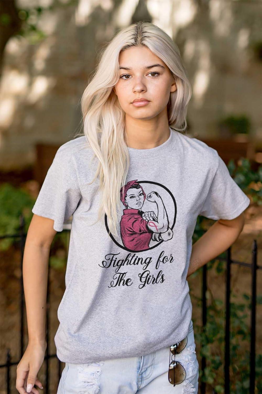 imageBrisco Brands Breast Cancer Fighter Rosie Riveter Womens Graphic T Shirt TeesSport Grey
