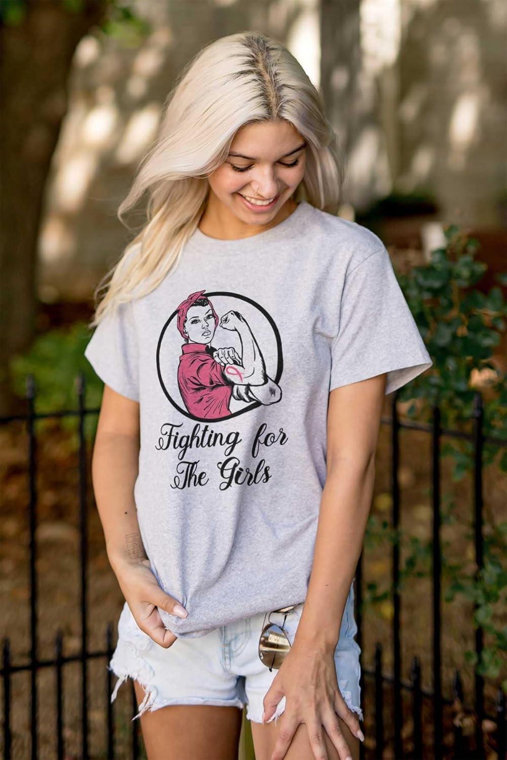 imageBrisco Brands Breast Cancer Fighter Rosie Riveter Womens Graphic T Shirt TeesSport Grey