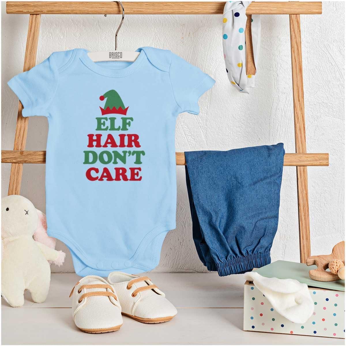 imageBrisco Brands Christmas Elf Hair Dont Care Baby Romper Boys or GirlsLight Blue
