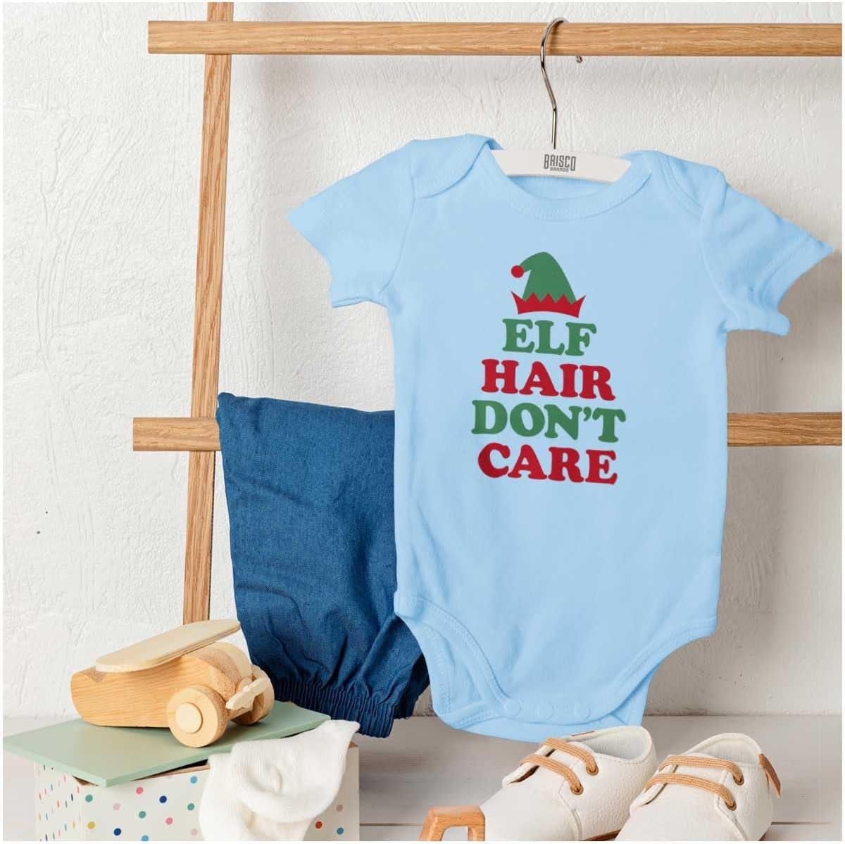 imageBrisco Brands Christmas Elf Hair Dont Care Baby Romper Boys or GirlsLight Blue