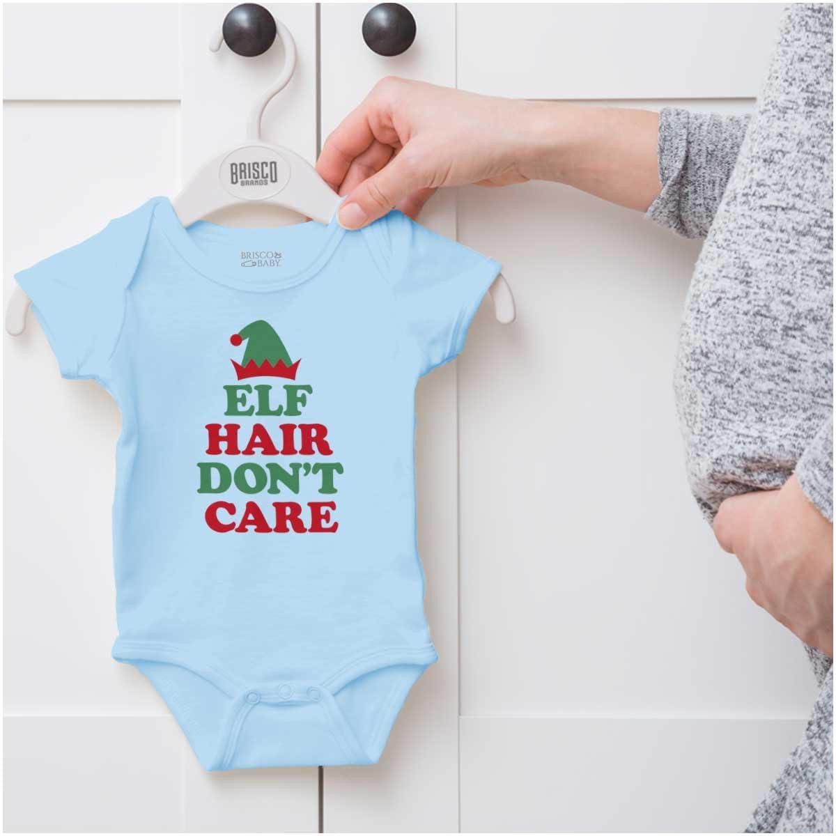imageBrisco Brands Christmas Elf Hair Dont Care Baby Romper Boys or GirlsLight Blue