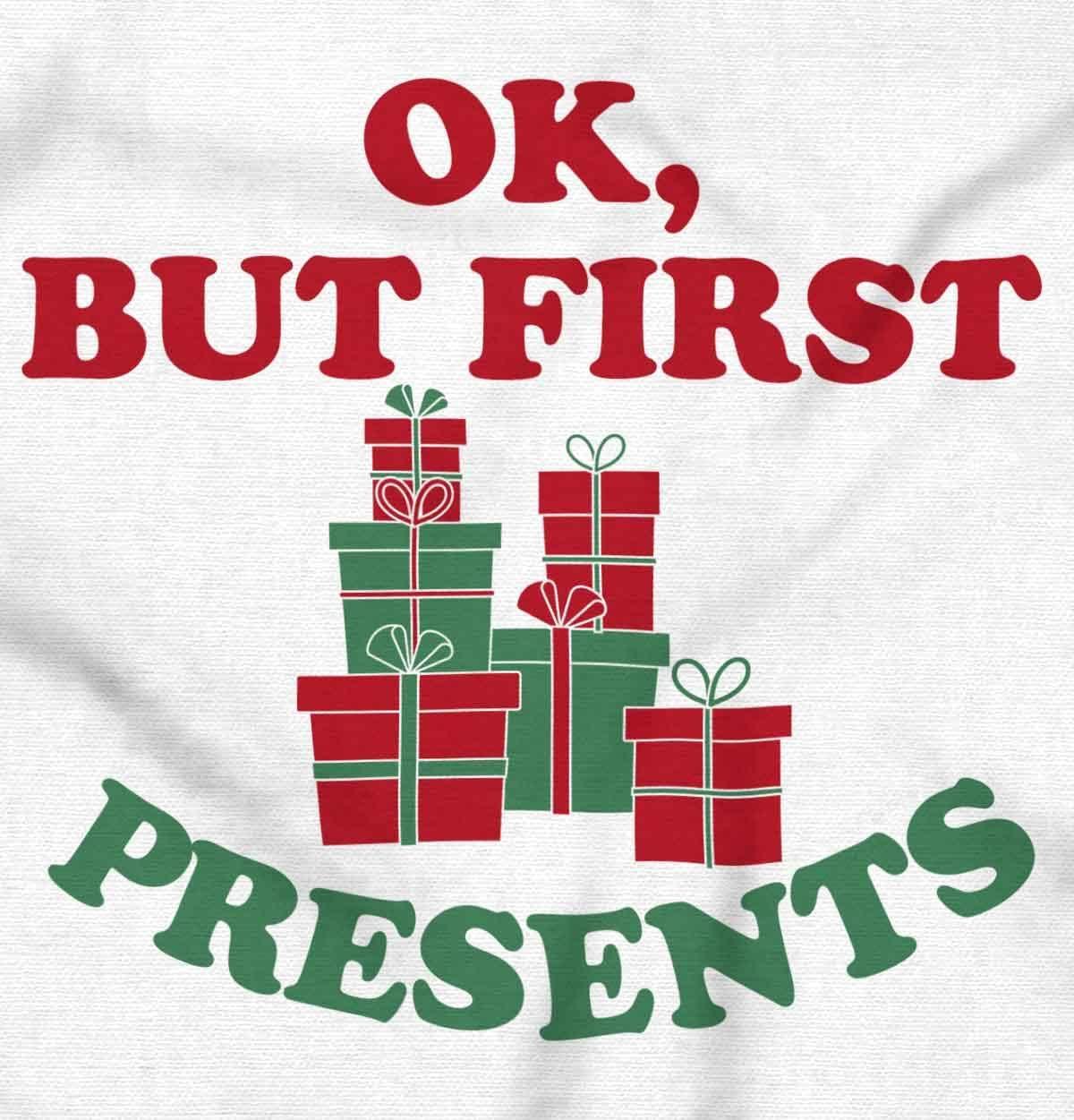 imageBrisco Brands Christmas Ok But First Presents Baby Romper Boys or GirlsWhite