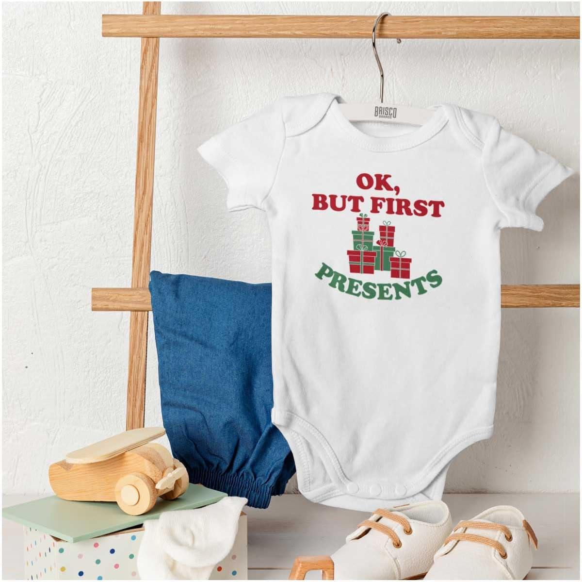 imageBrisco Brands Christmas Ok But First Presents Baby Romper Boys or GirlsWhite