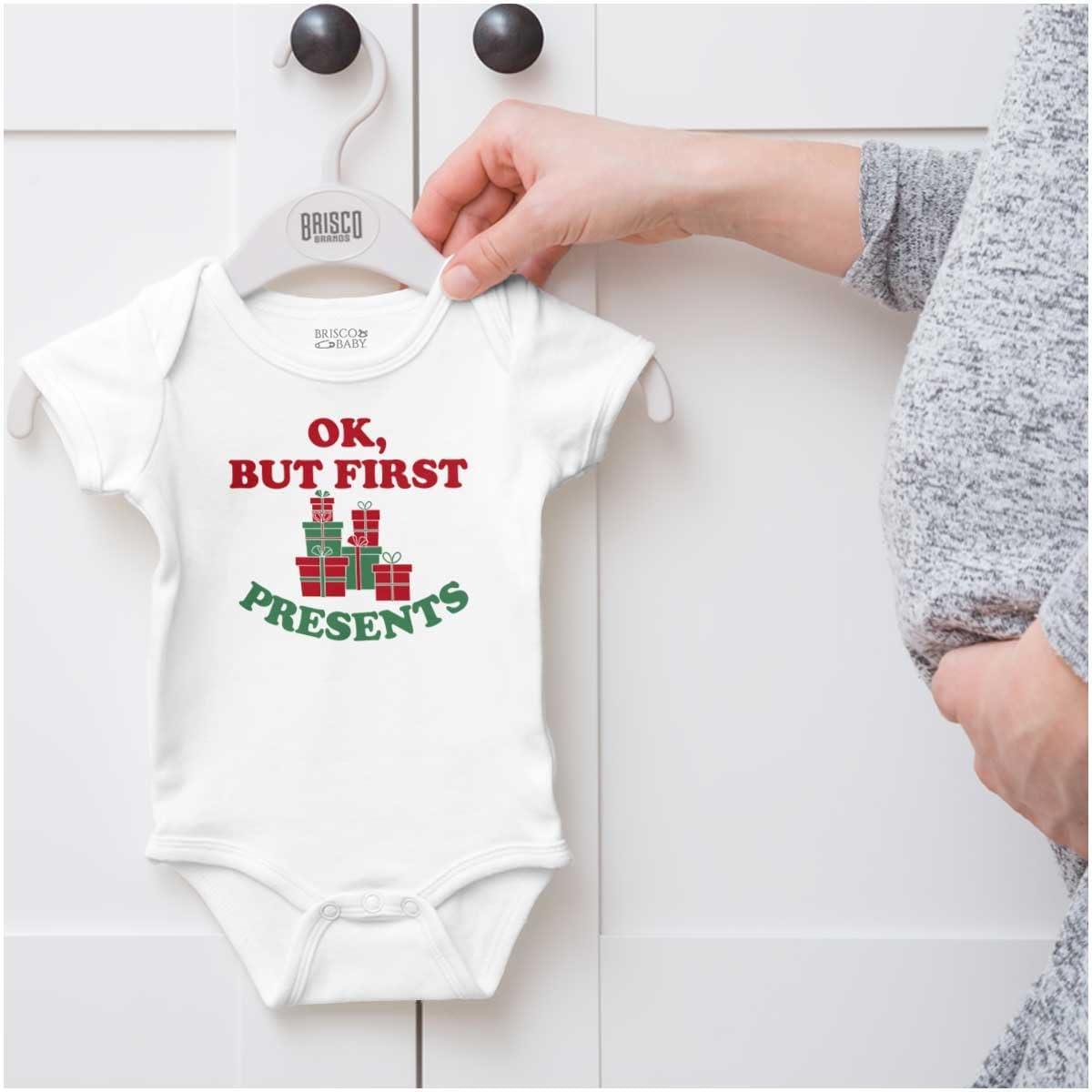 imageBrisco Brands Christmas Ok But First Presents Baby Romper Boys or GirlsWhite