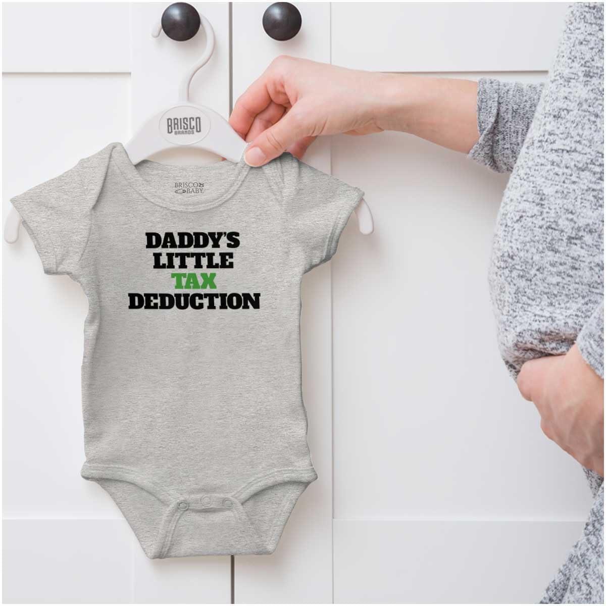 imageBrisco Brands Daddys Little Tax Deduction Dad Joke Baby Romper Boys or GirlsHeather