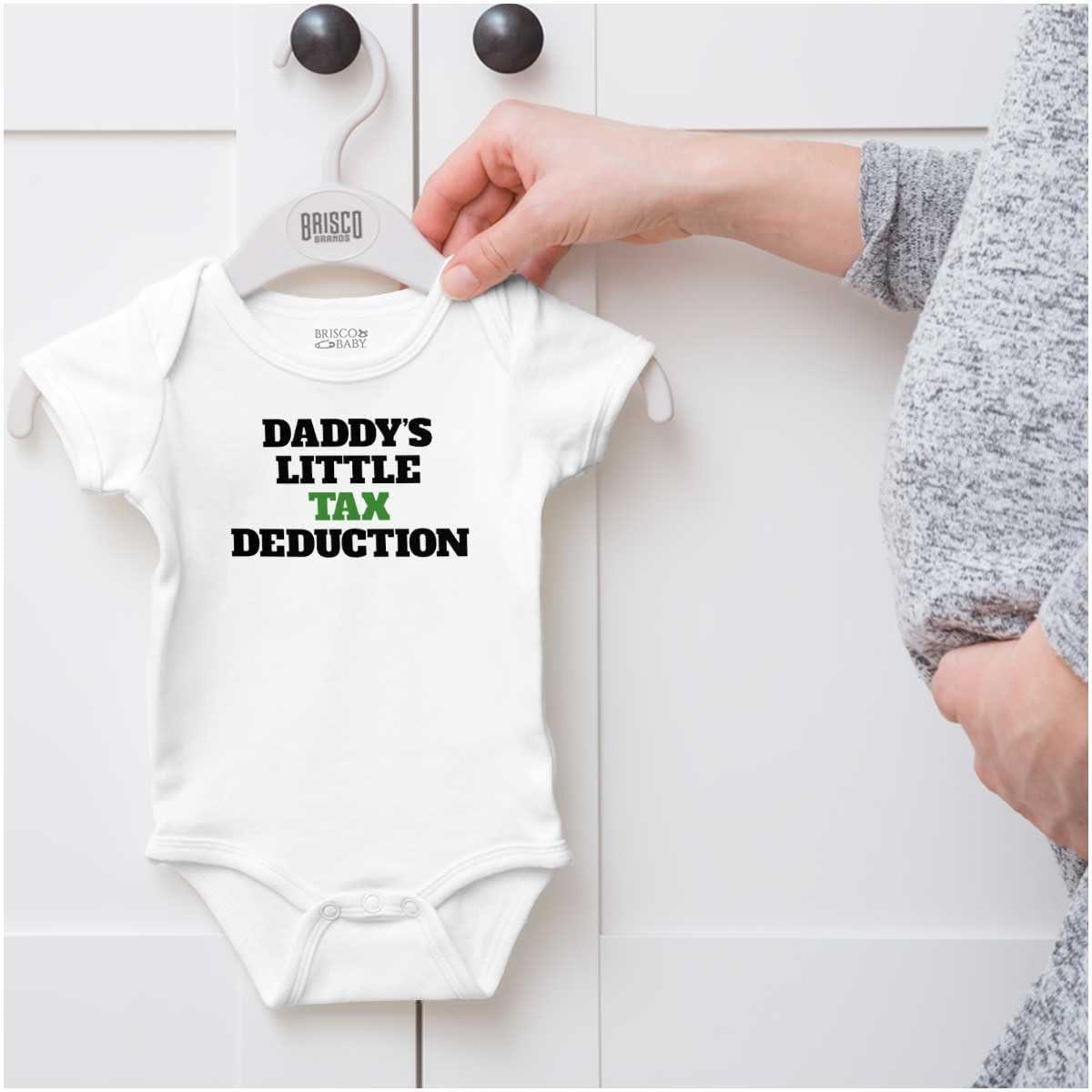 imageBrisco Brands Daddys Little Tax Deduction Dad Joke Baby Romper Boys or GirlsWhite