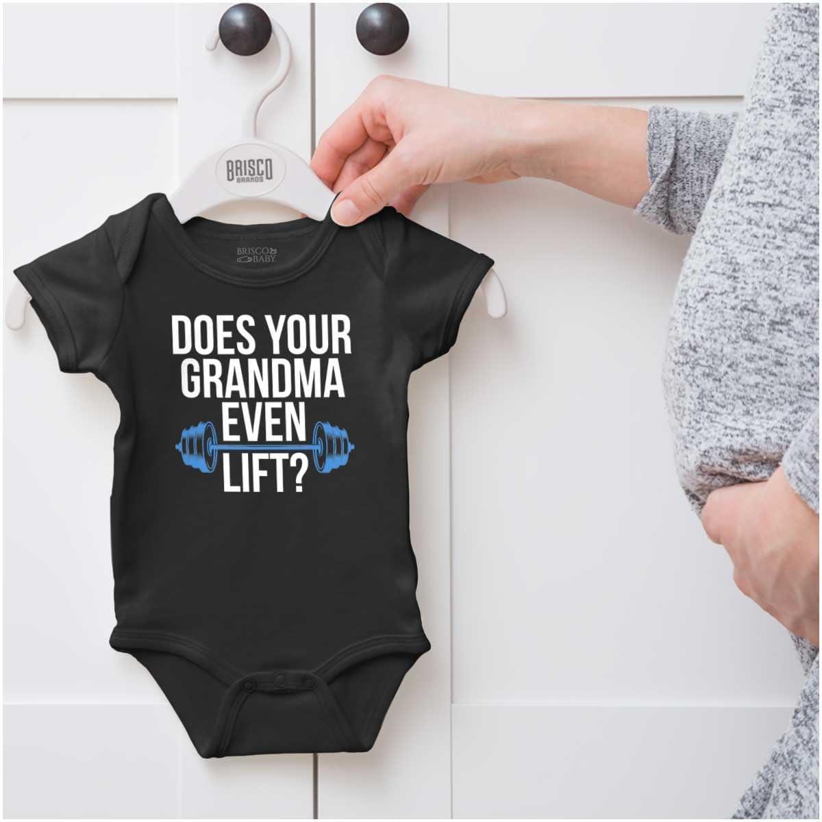 imageBrisco Brands Does Your Grandma Even Lift Exercise Baby Romper Boys or GirlsBlack