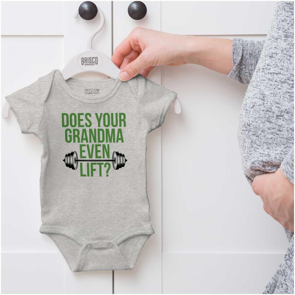 imageBrisco Brands Does Your Grandma Even Lift Exercise Baby Romper Boys or GirlsHeather