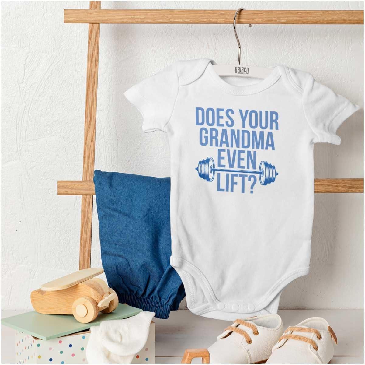 imageBrisco Brands Does Your Grandma Even Lift Exercise Baby Romper Boys or GirlsWhite