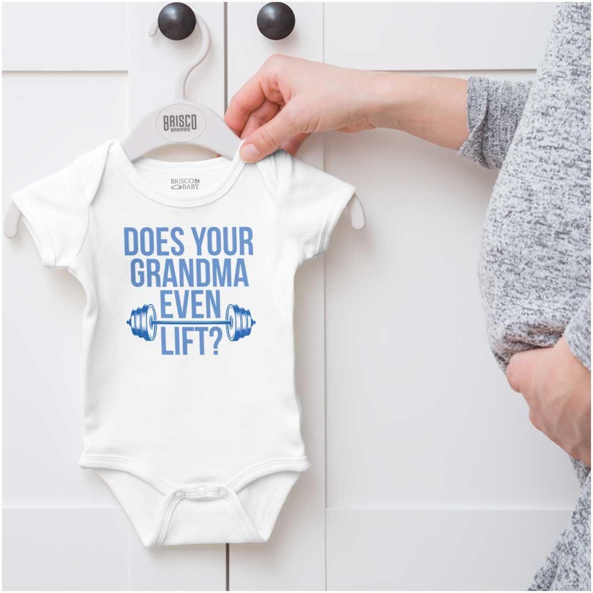 imageBrisco Brands Does Your Grandma Even Lift Exercise Baby Romper Boys or GirlsWhite