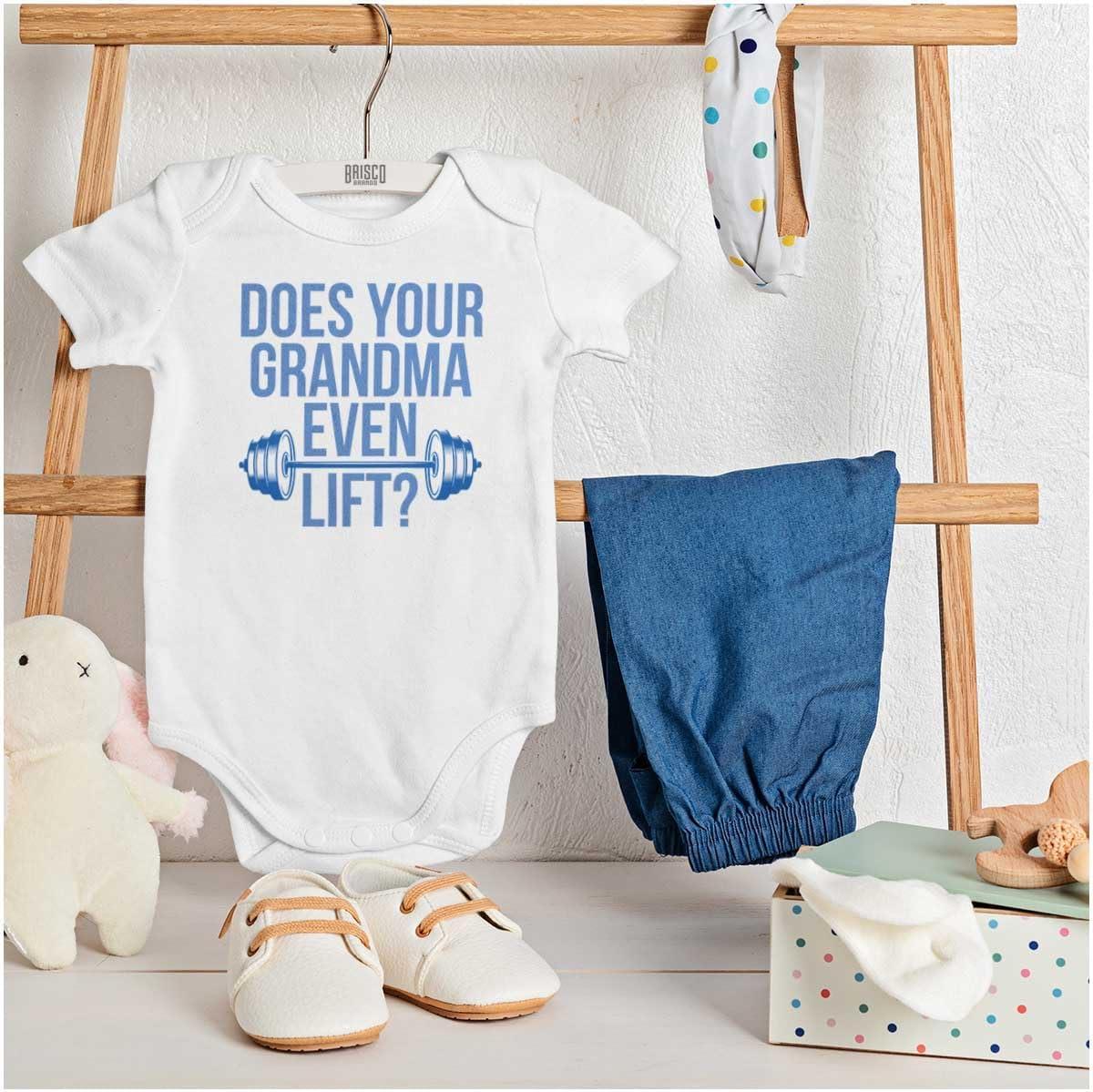 imageBrisco Brands Does Your Grandma Even Lift Exercise Baby Romper Boys or GirlsWhite