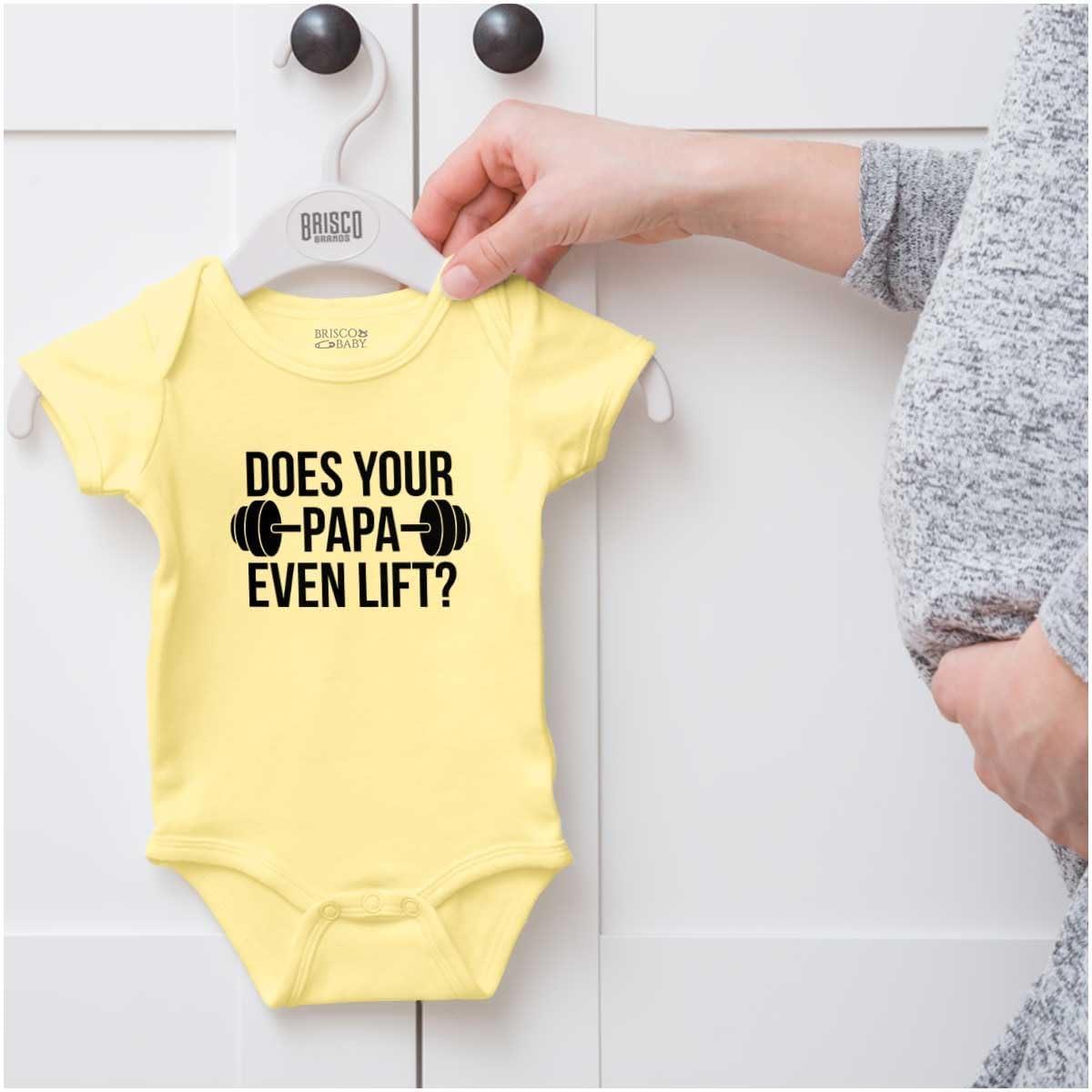 imageBrisco Brands Does Your Papa Even Lift Gym Workout Baby Romper Boys or GirlsBanana