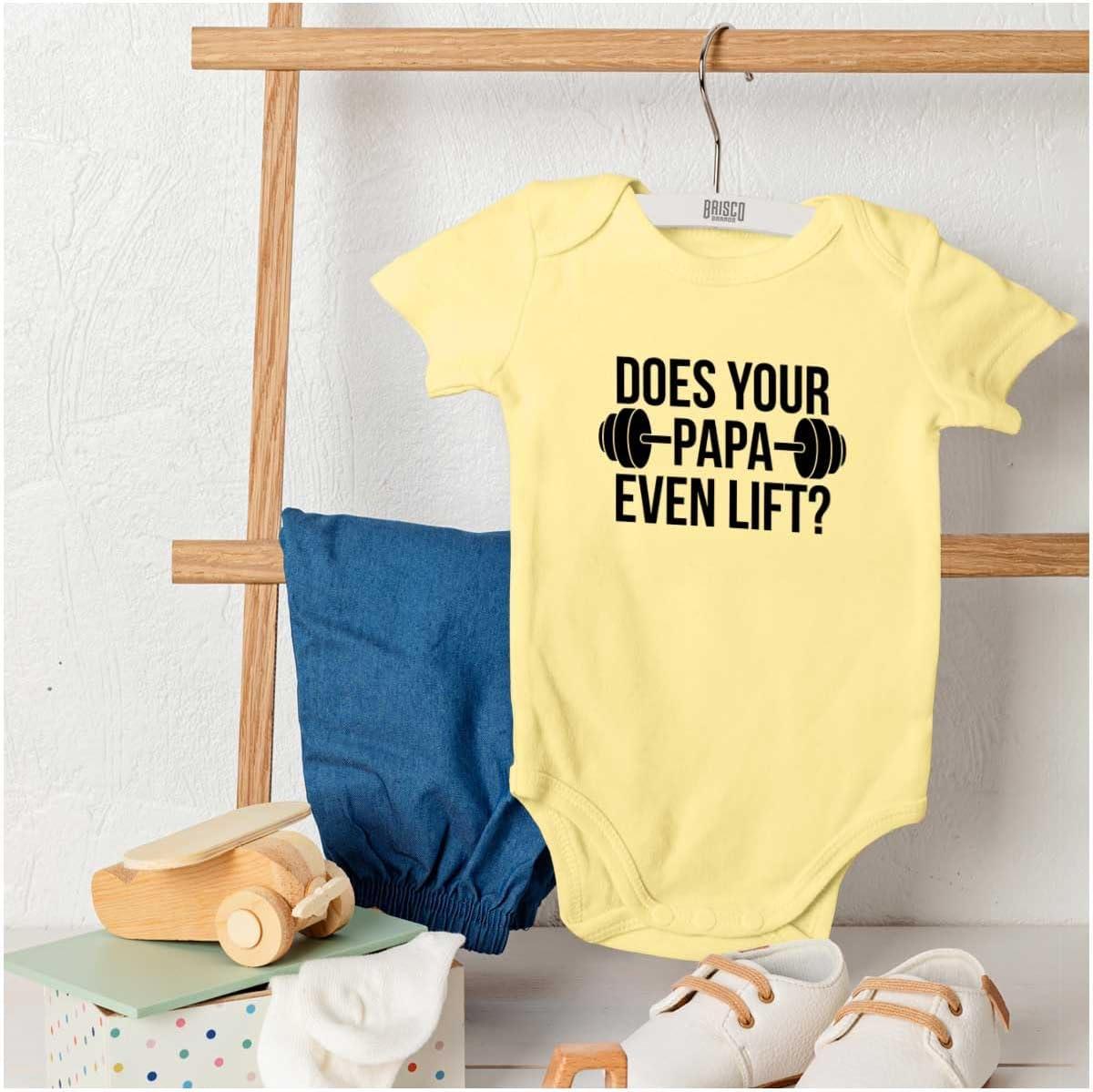 imageBrisco Brands Does Your Papa Even Lift Gym Workout Baby Romper Boys or GirlsBanana