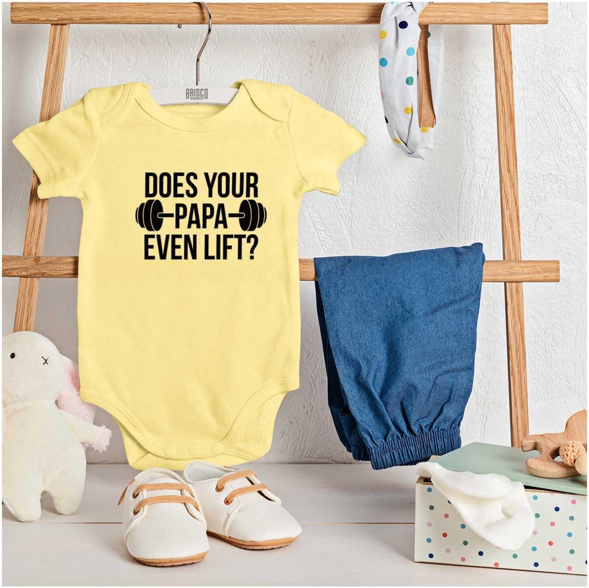 imageBrisco Brands Does Your Papa Even Lift Gym Workout Baby Romper Boys or GirlsBanana