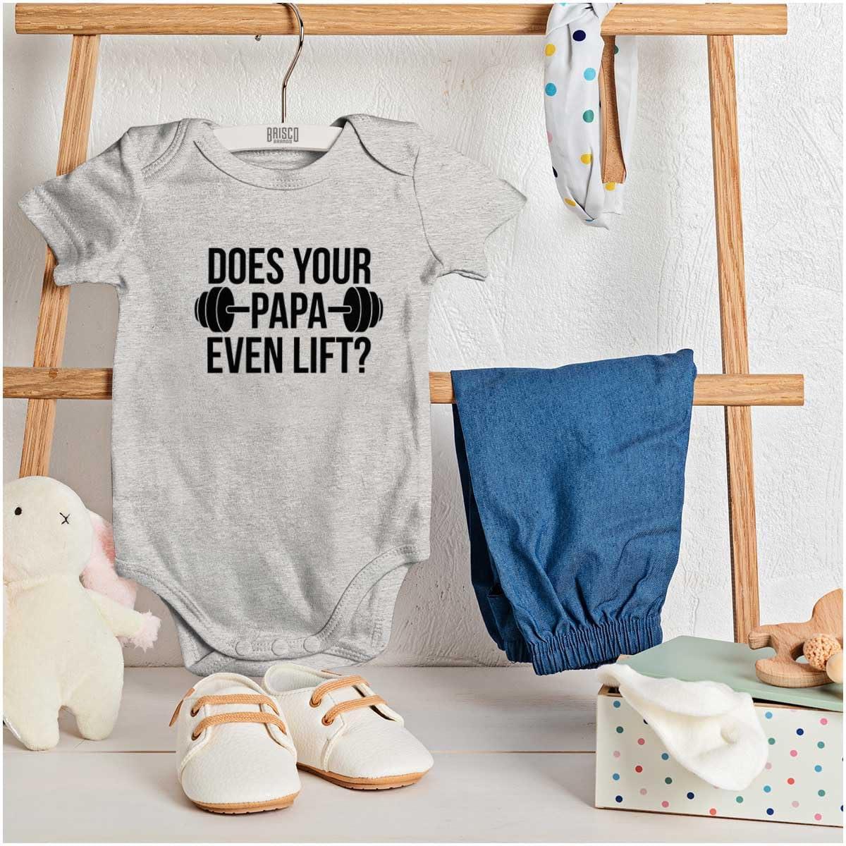 imageBrisco Brands Does Your Papa Even Lift Gym Workout Baby Romper Boys or GirlsHeather