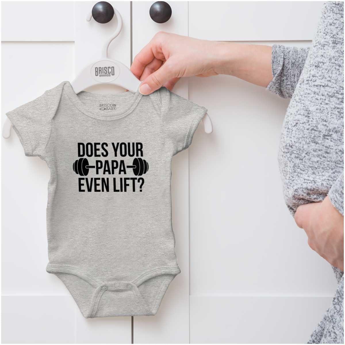 imageBrisco Brands Does Your Papa Even Lift Gym Workout Baby Romper Boys or GirlsHeather