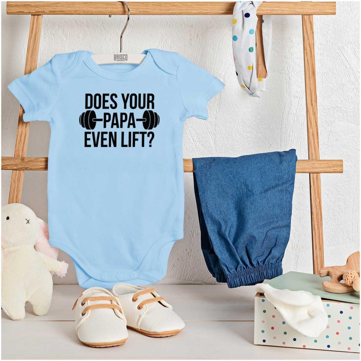 imageBrisco Brands Does Your Papa Even Lift Gym Workout Baby Romper Boys or GirlsLight Blue