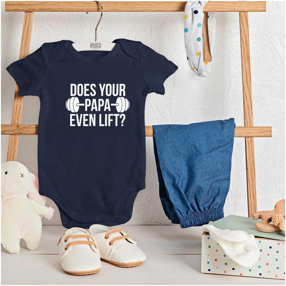 imageBrisco Brands Does Your Papa Even Lift Gym Workout Baby Romper Boys or GirlsNavy