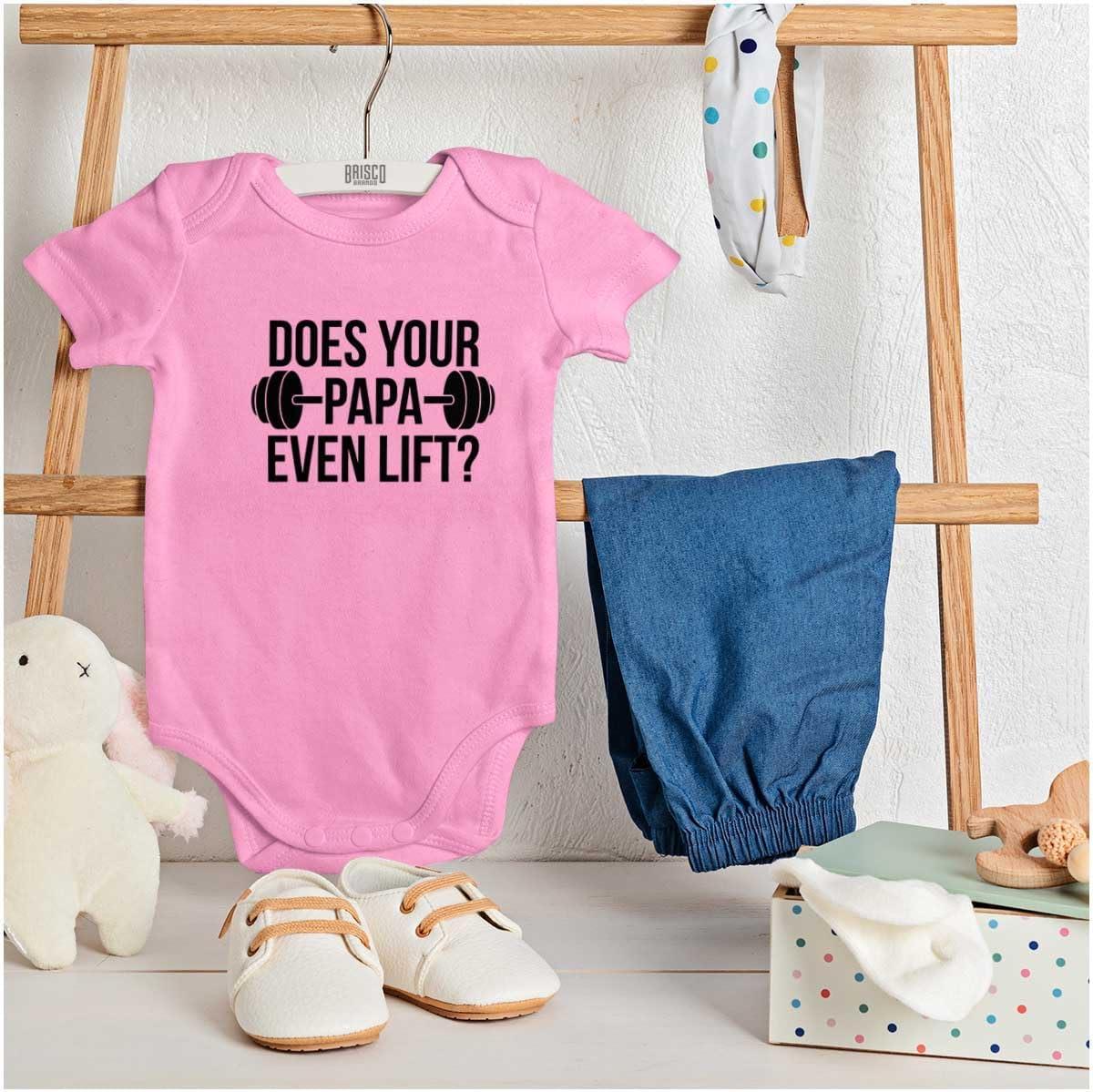 imageBrisco Brands Does Your Papa Even Lift Gym Workout Baby Romper Boys or GirlsPink