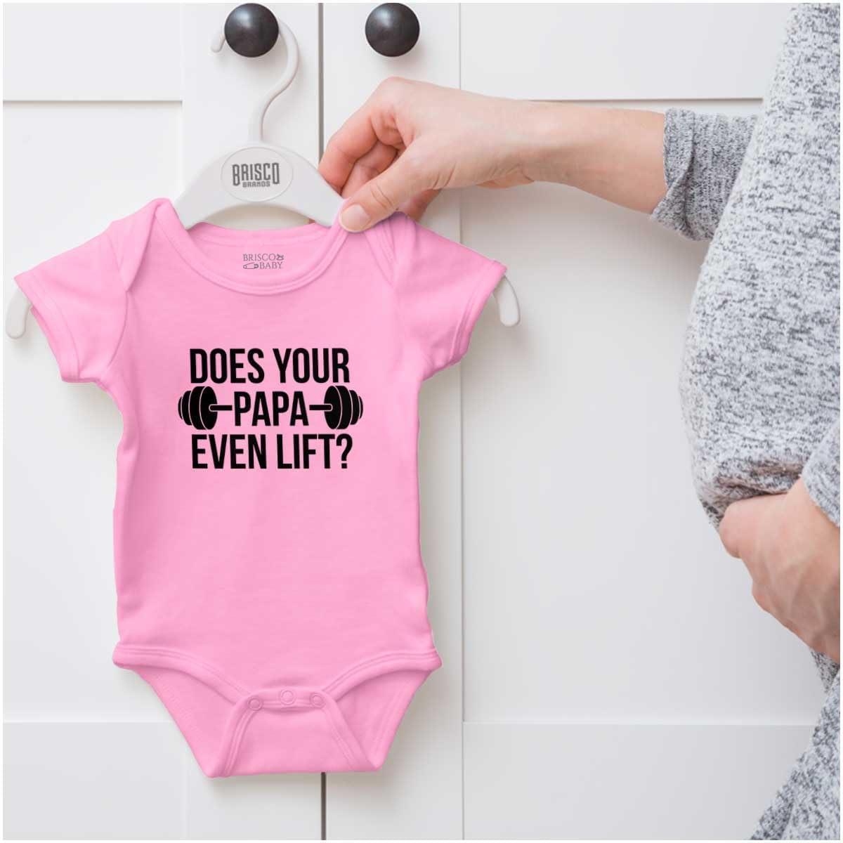 imageBrisco Brands Does Your Papa Even Lift Gym Workout Baby Romper Boys or GirlsPink