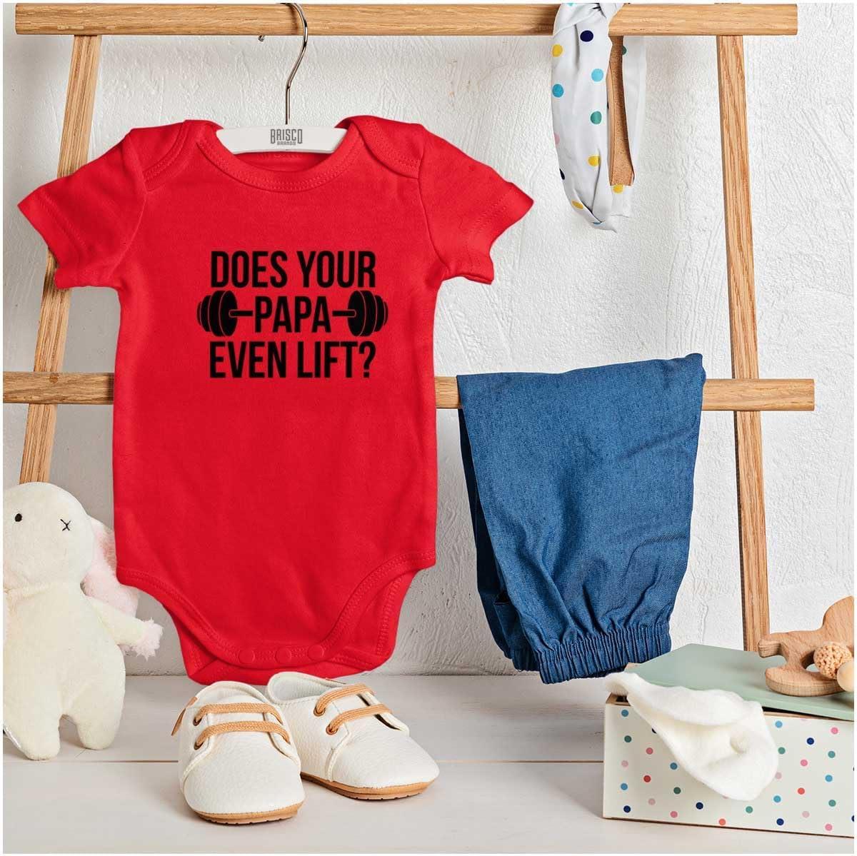 imageBrisco Brands Does Your Papa Even Lift Gym Workout Baby Romper Boys or GirlsRed
