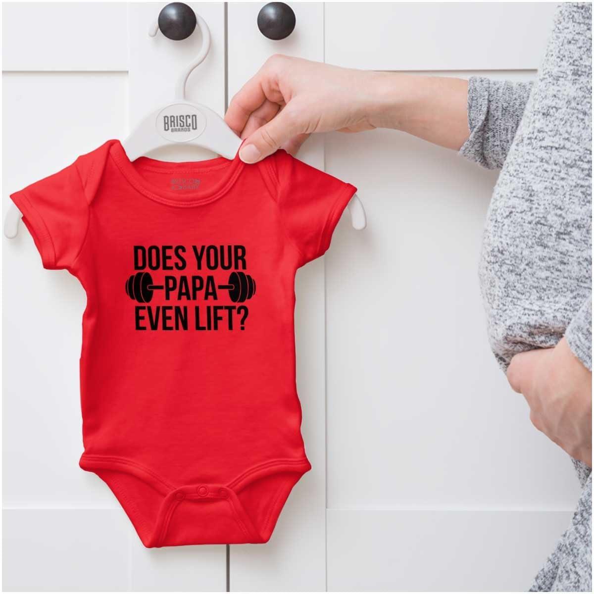 imageBrisco Brands Does Your Papa Even Lift Gym Workout Baby Romper Boys or GirlsRed