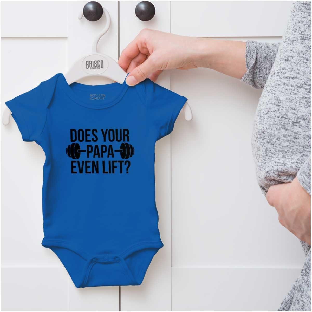 imageBrisco Brands Does Your Papa Even Lift Gym Workout Baby Romper Boys or GirlsRoyal