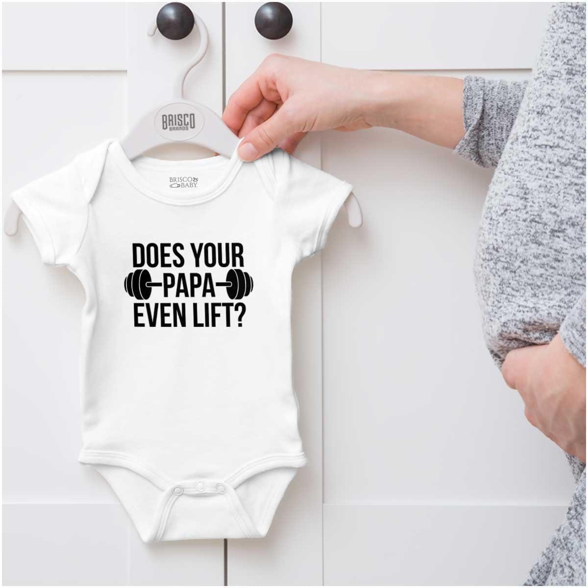 imageBrisco Brands Does Your Papa Even Lift Gym Workout Baby Romper Boys or GirlsWhite