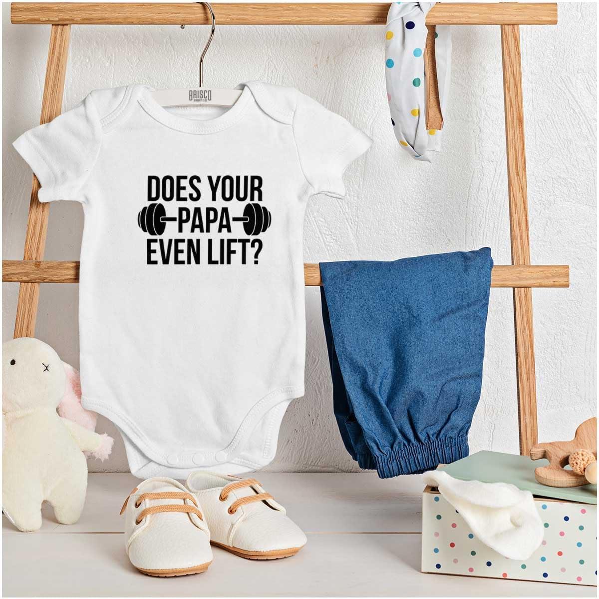 imageBrisco Brands Does Your Papa Even Lift Gym Workout Baby Romper Boys or GirlsWhite