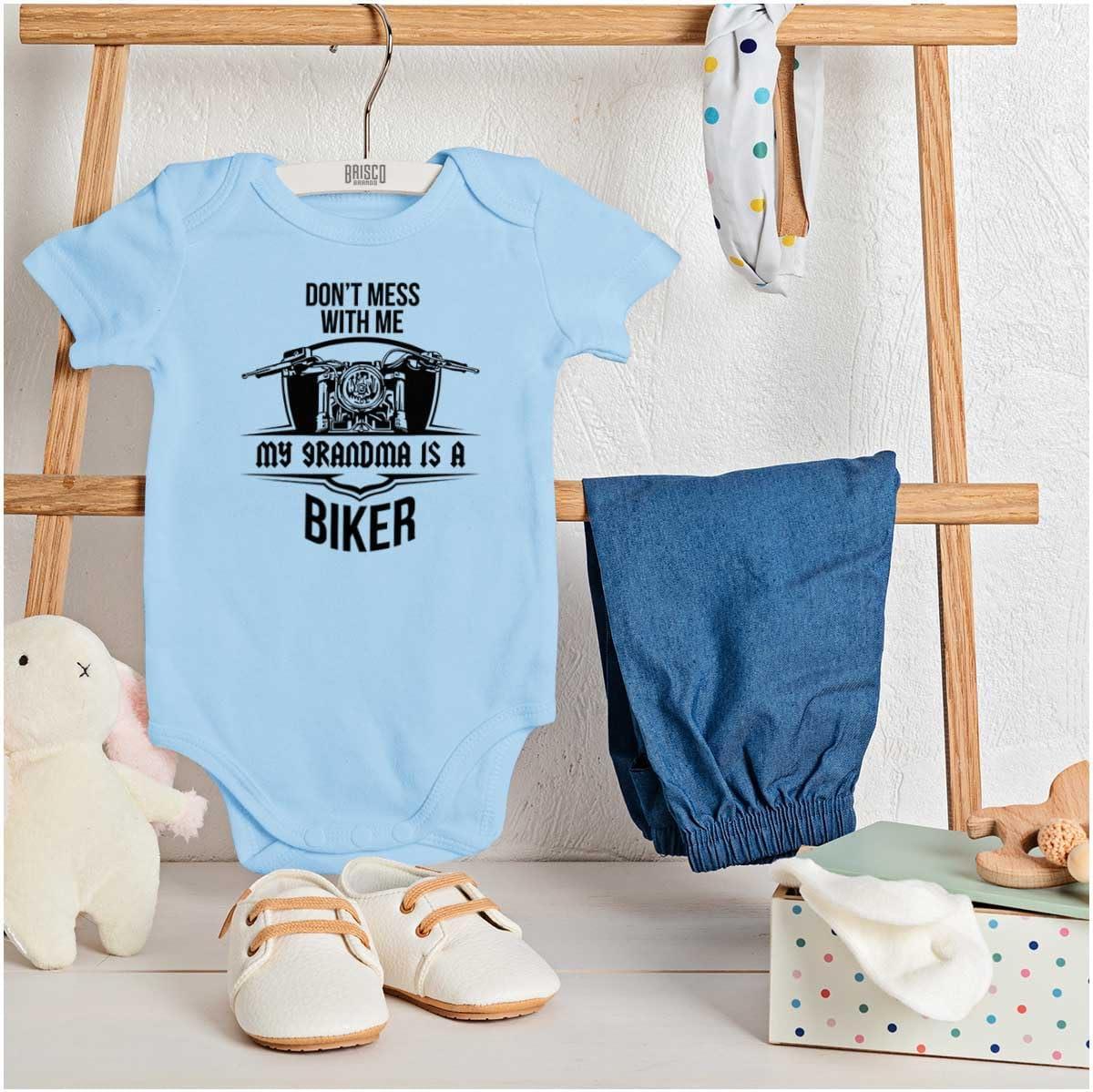 imageBrisco Brands Dont Mess With Me Grandma is a Biker Baby Romper Boys or GirlsLight Blue