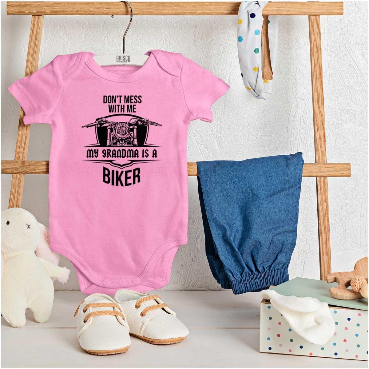imageBrisco Brands Dont Mess With Me Grandma is a Biker Baby Romper Boys or GirlsPink