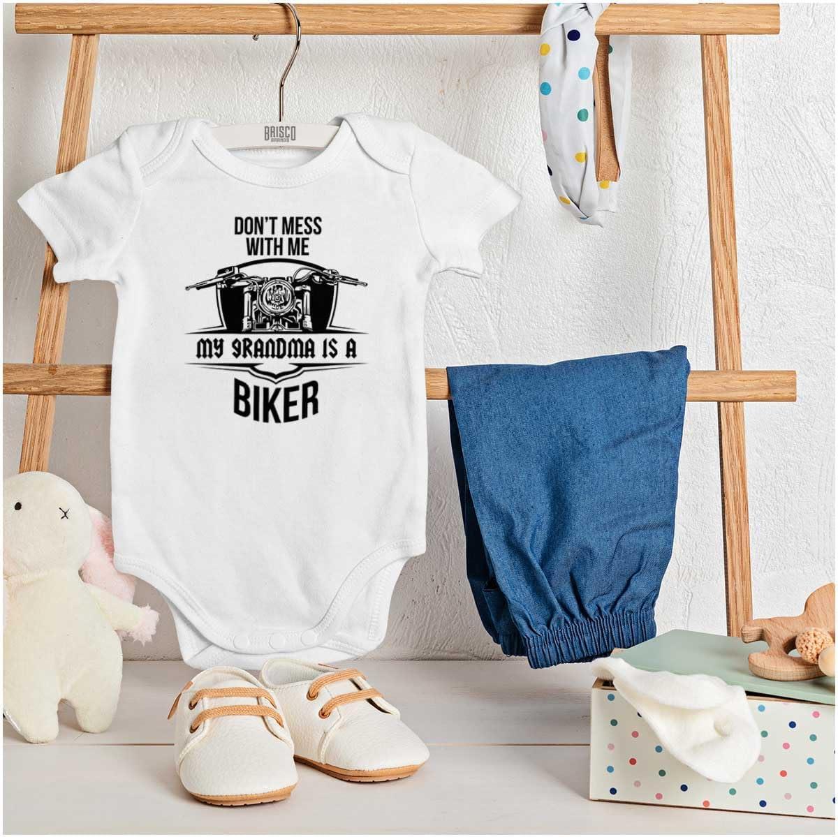 imageBrisco Brands Dont Mess With Me Grandma is a Biker Baby Romper Boys or GirlsWhite