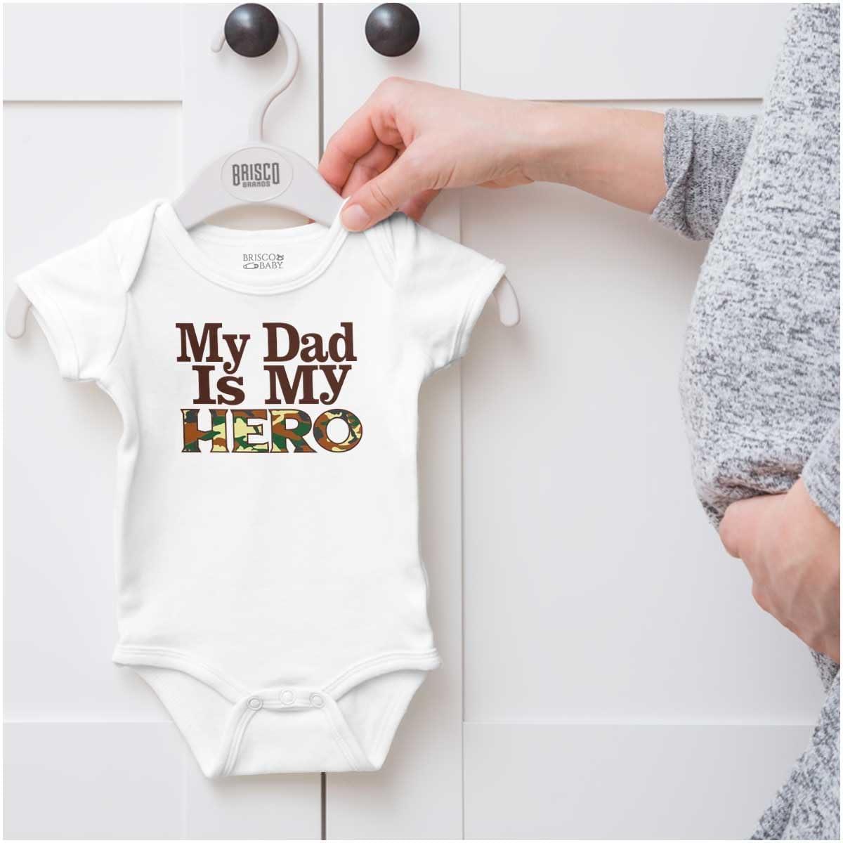 imageBrisco Brands Fathers Day My Dad is My Hero Camo Baby Romper Boys or GirlsWhite