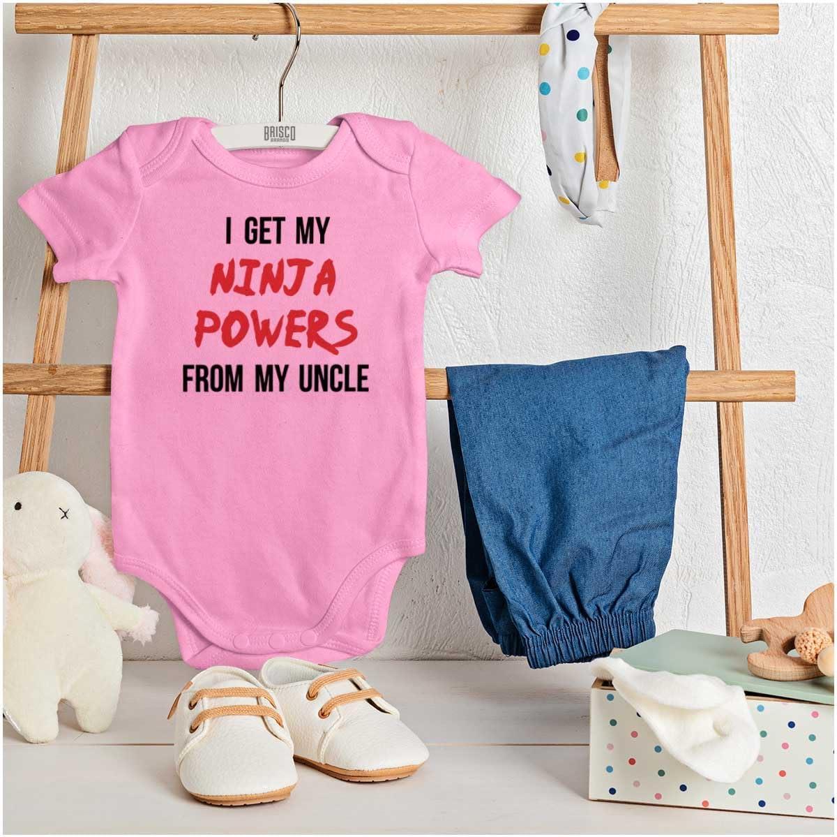 imageBrisco Brands Get My Ninja Powers From My Uncle Baby Romper Boys or GirlsPink