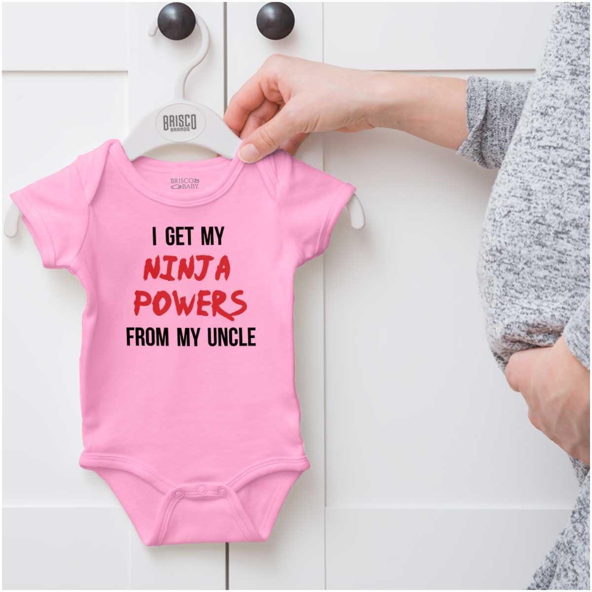 imageBrisco Brands Get My Ninja Powers From My Uncle Baby Romper Boys or GirlsPink