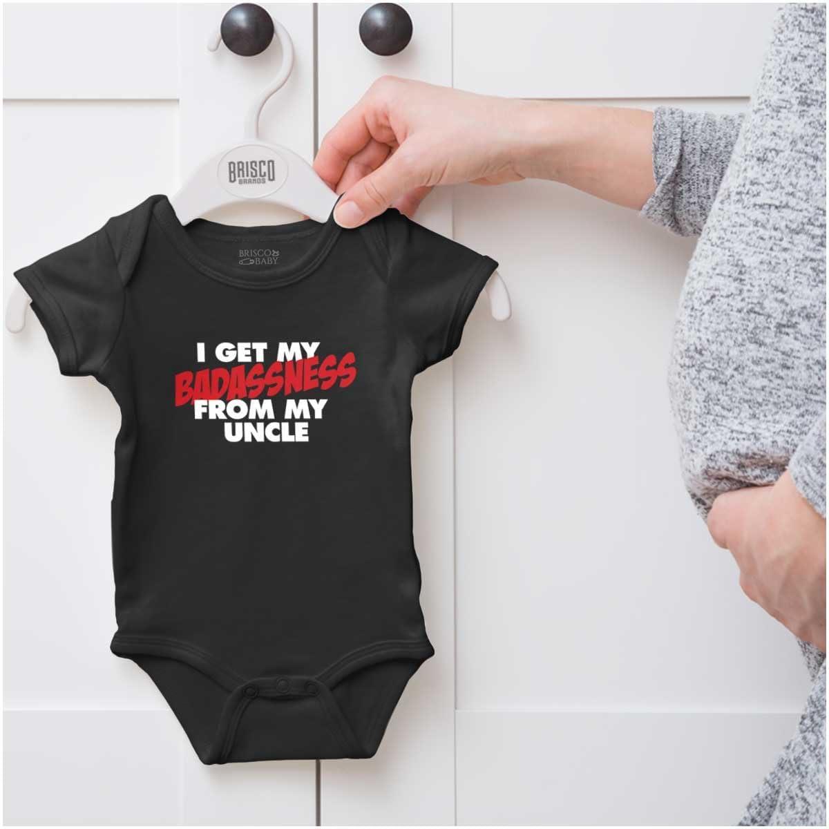 imageBrisco Brands I Get My Badassness From My Uncle Baby Romper Boys or GirlsBlack