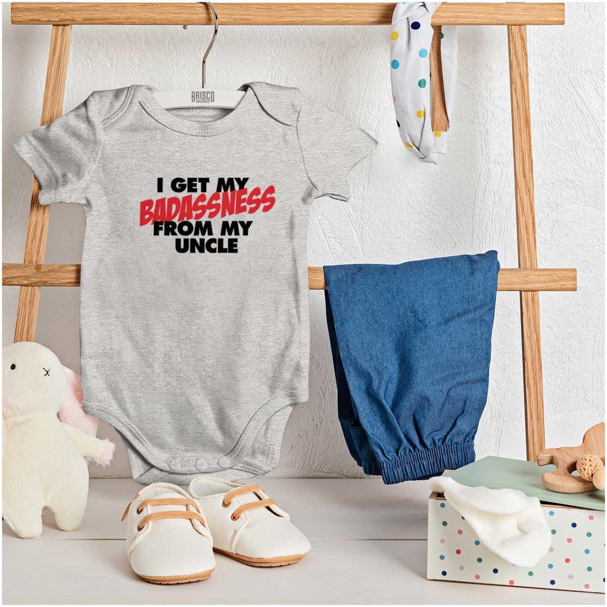 imageBrisco Brands I Get My Badassness From My Uncle Baby Romper Boys or GirlsHeather