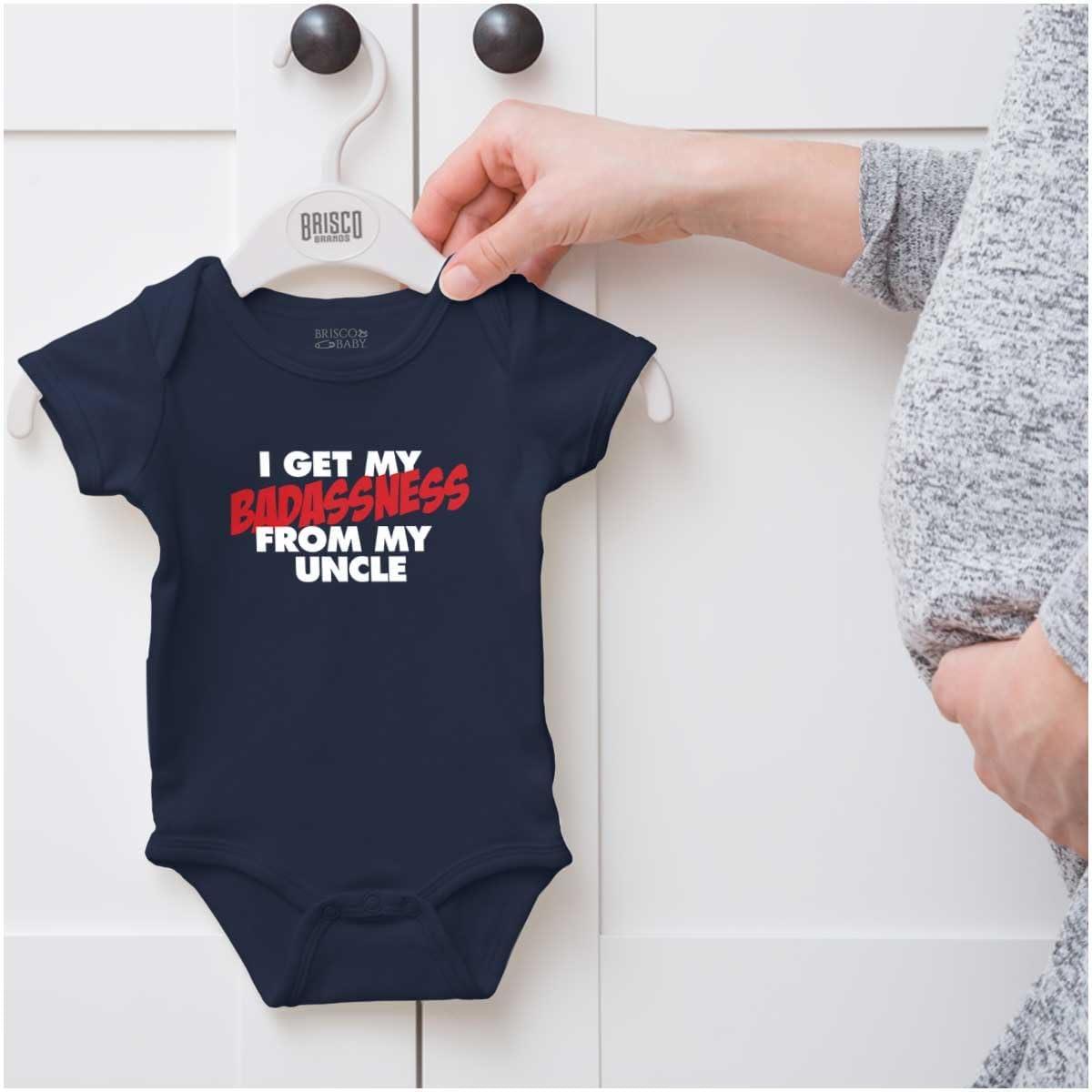 imageBrisco Brands I Get My Badassness From My Uncle Baby Romper Boys or GirlsNavy