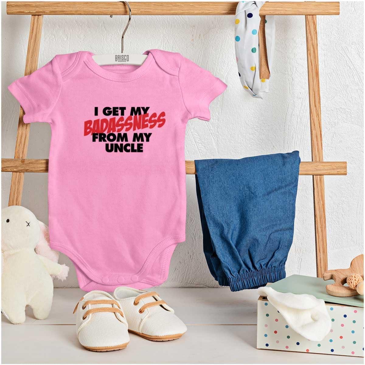 imageBrisco Brands I Get My Badassness From My Uncle Baby Romper Boys or GirlsPink