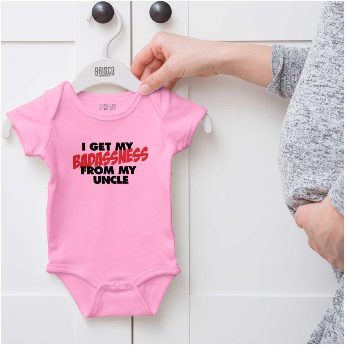 imageBrisco Brands I Get My Badassness From My Uncle Baby Romper Boys or GirlsPink