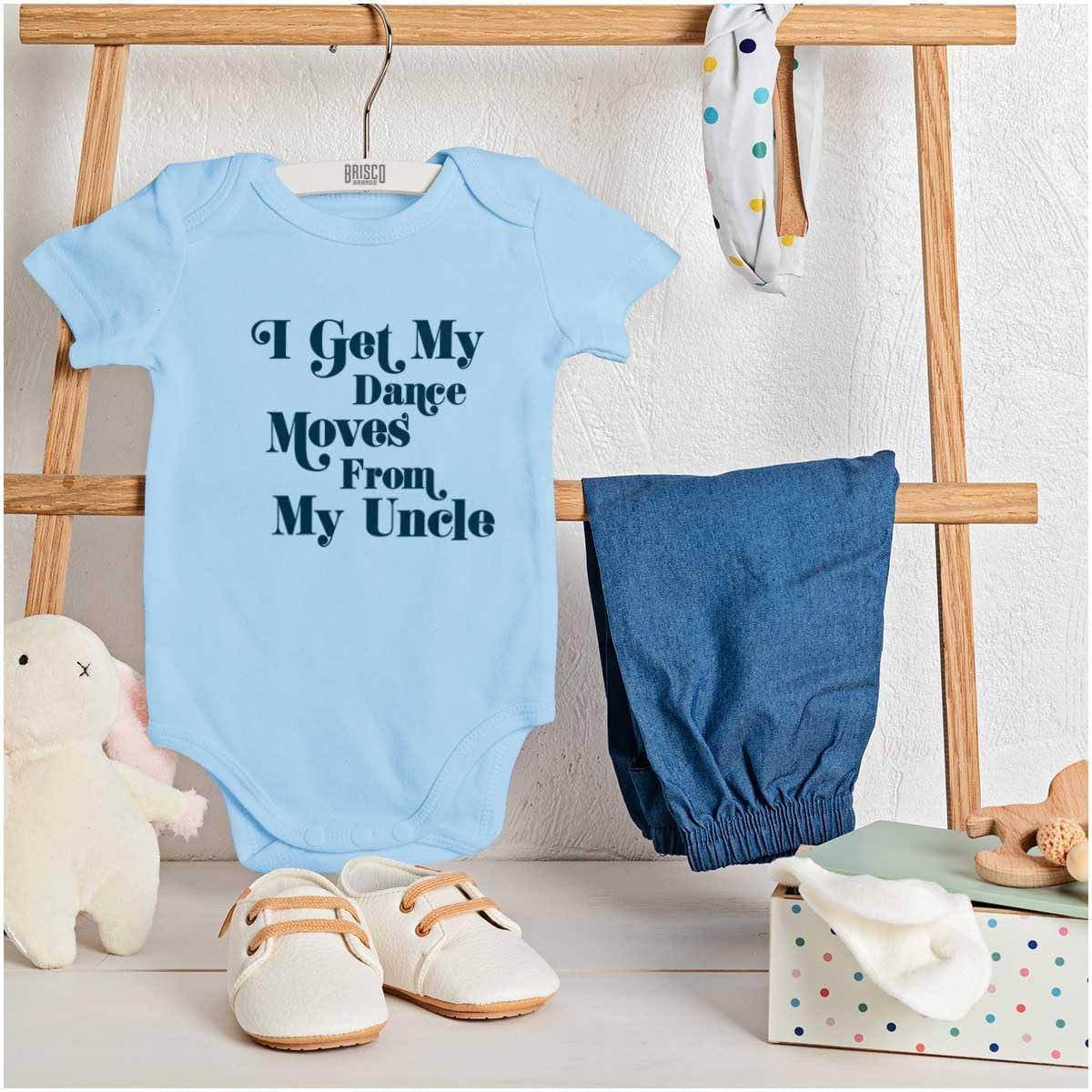 imageBrisco Brands I Get My Dance Moves From My Uncle Baby Romper Boys or GirlsLight Blue