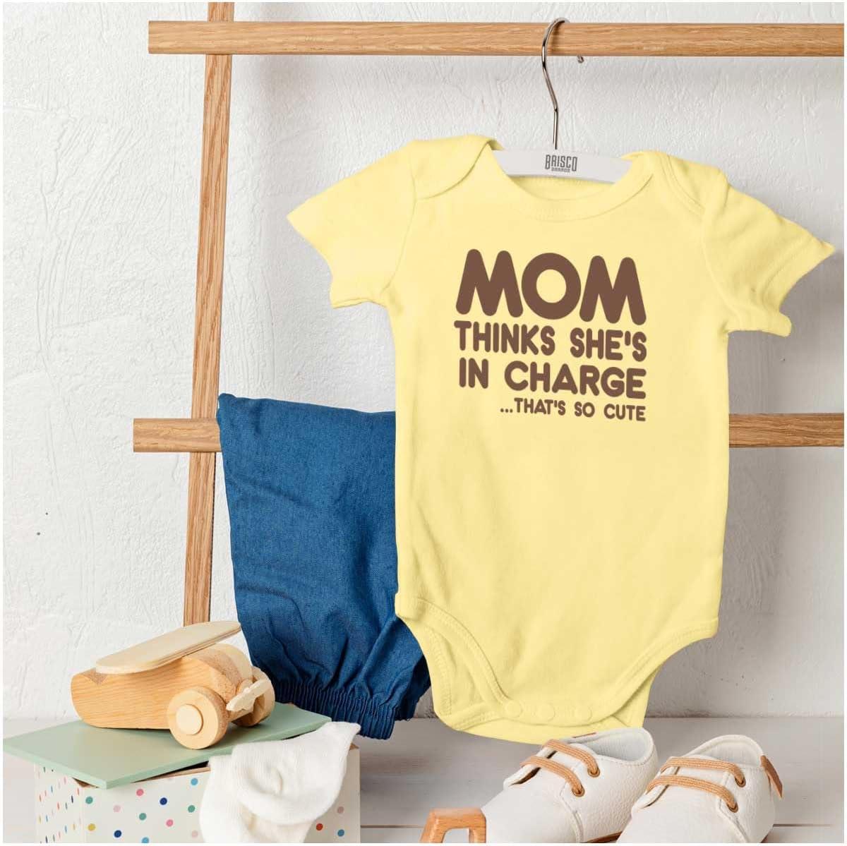 imageBrisco Brands Mom Thinks Shes in Charge Funny Baby Romper Boys or GirlsBanana