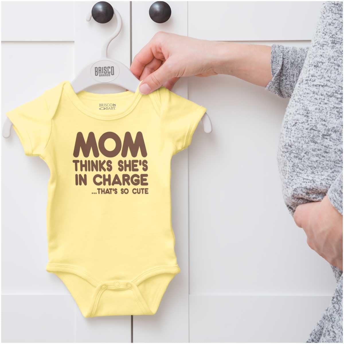 imageBrisco Brands Mom Thinks Shes in Charge Funny Baby Romper Boys or GirlsBanana
