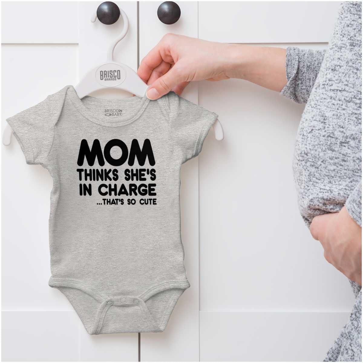 imageBrisco Brands Mom Thinks Shes in Charge Funny Baby Romper Boys or GirlsHeather