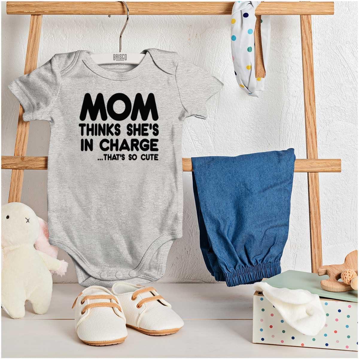 imageBrisco Brands Mom Thinks Shes in Charge Funny Baby Romper Boys or GirlsHeather