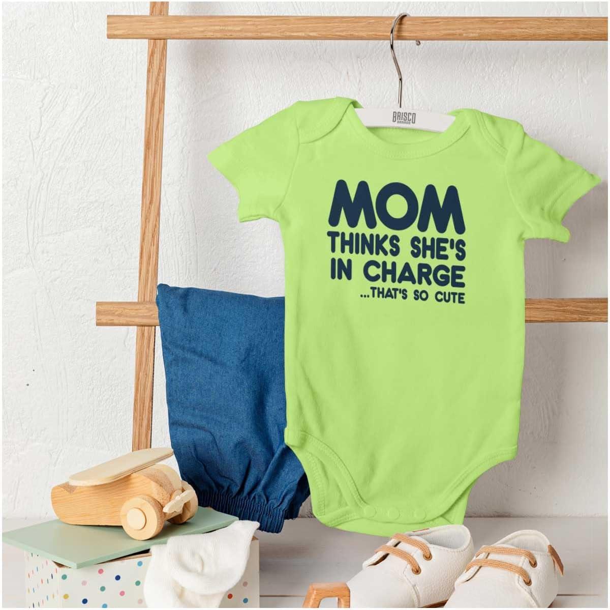 imageBrisco Brands Mom Thinks Shes in Charge Funny Baby Romper Boys or GirlsKey Lime