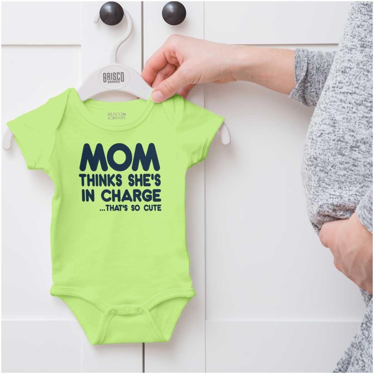 imageBrisco Brands Mom Thinks Shes in Charge Funny Baby Romper Boys or GirlsKey Lime