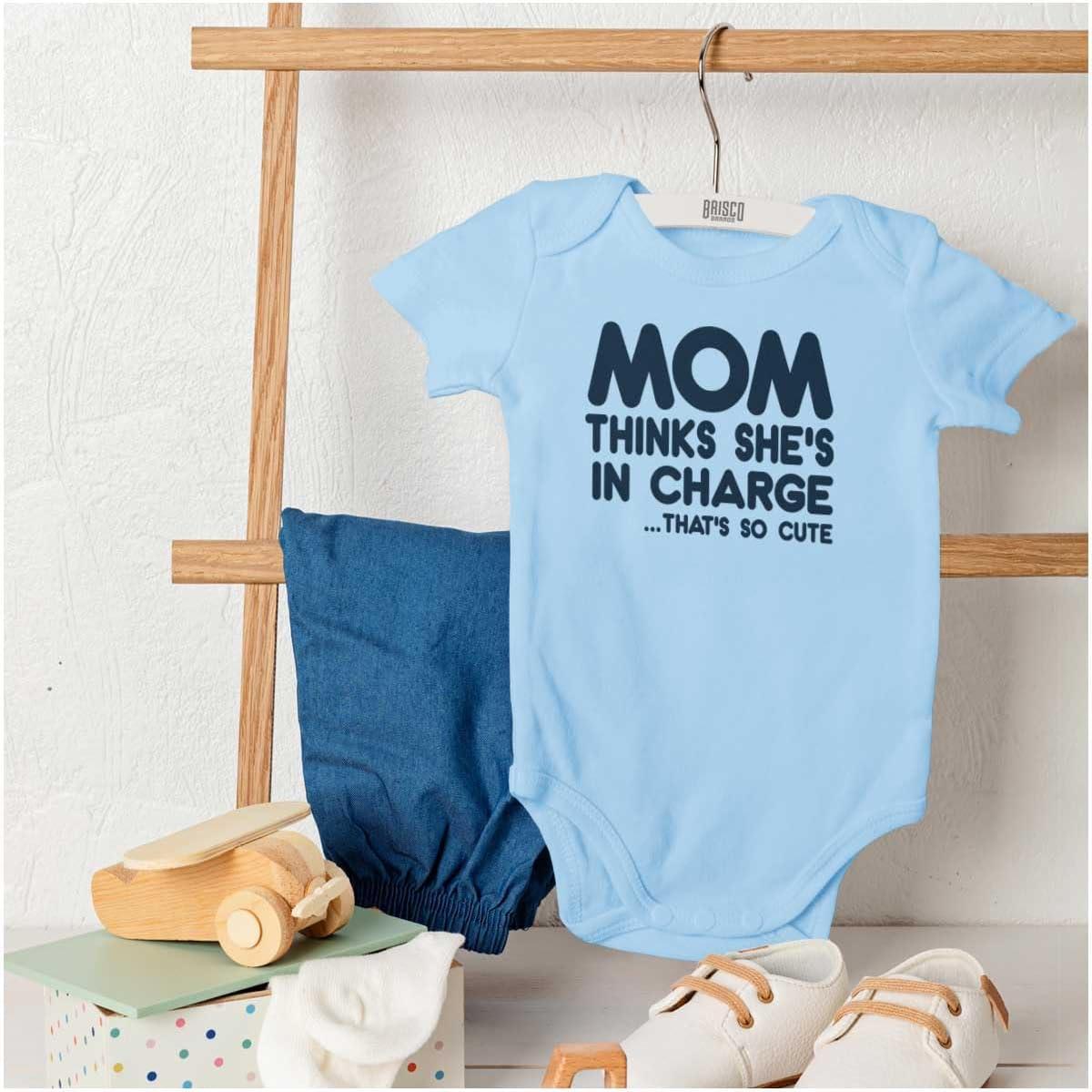 imageBrisco Brands Mom Thinks Shes in Charge Funny Baby Romper Boys or GirlsLight Blue