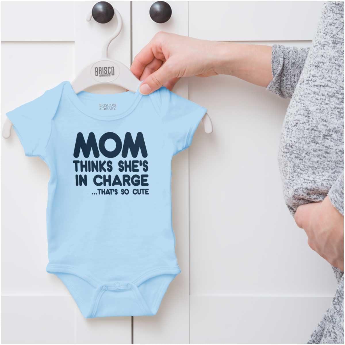 imageBrisco Brands Mom Thinks Shes in Charge Funny Baby Romper Boys or GirlsLight Blue
