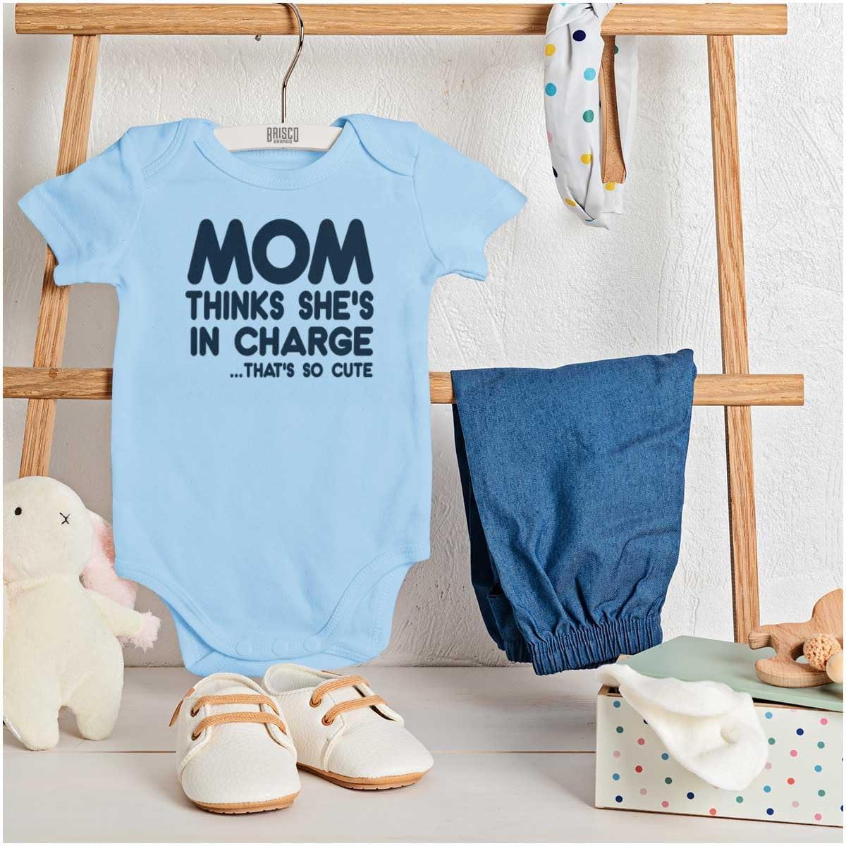 imageBrisco Brands Mom Thinks Shes in Charge Funny Baby Romper Boys or GirlsLight Blue